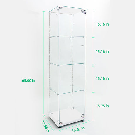nifoti 65" H 4-Shelf LED Lights Strip Glass Display Cabinet with Lock & Casters, Modern Glass Top Curio Storage Cabinet Collection Display Case, Tempered Glass Bookshelf Case for Living Room(White) nifoti
