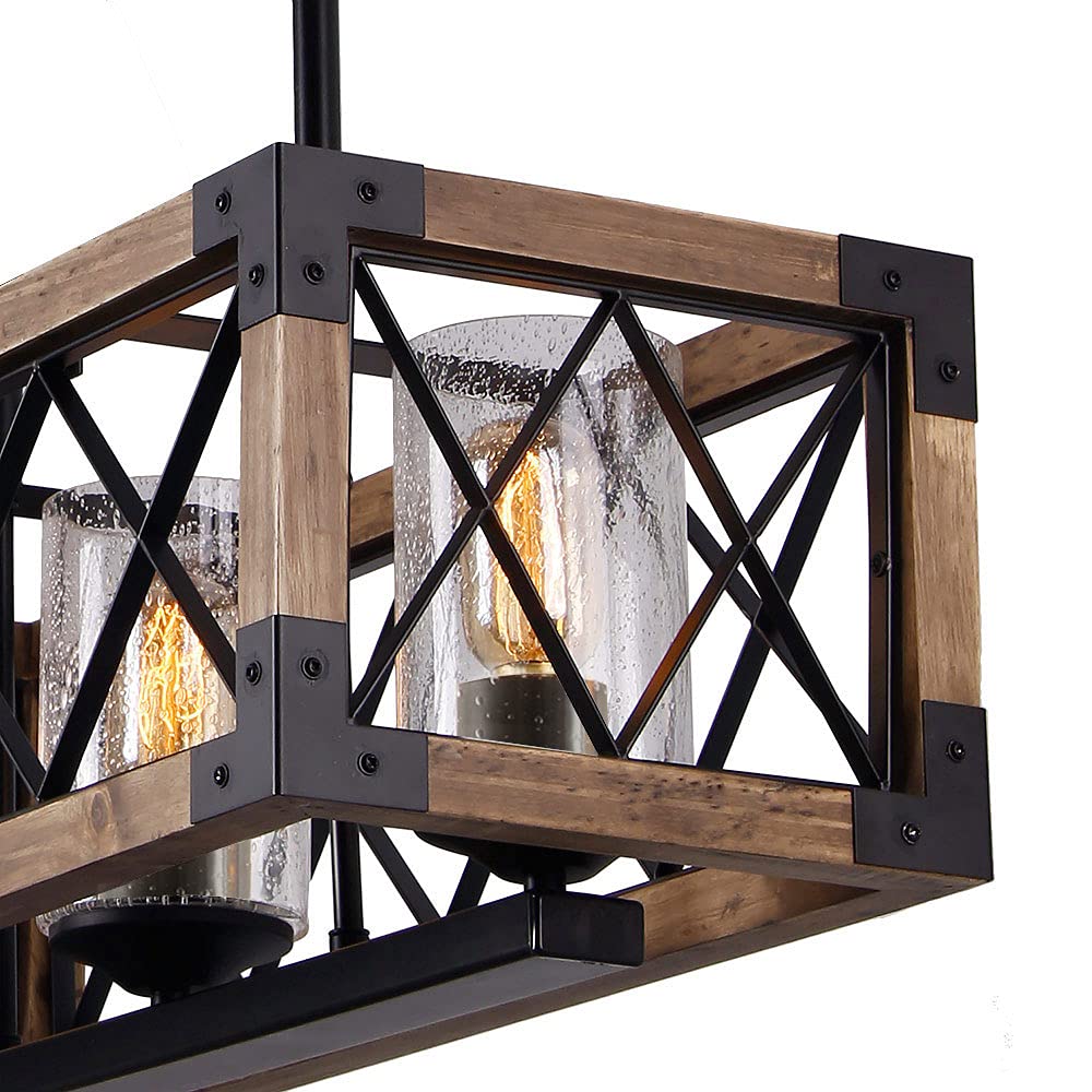 Giluta Rectangle Wood Metal Pendant Light Kitchen Island Chandelier Black Finish Rustic Industrial Chandelier Vintage Ceiling Light Fixture 5 Lights with Glass Shade (17810)