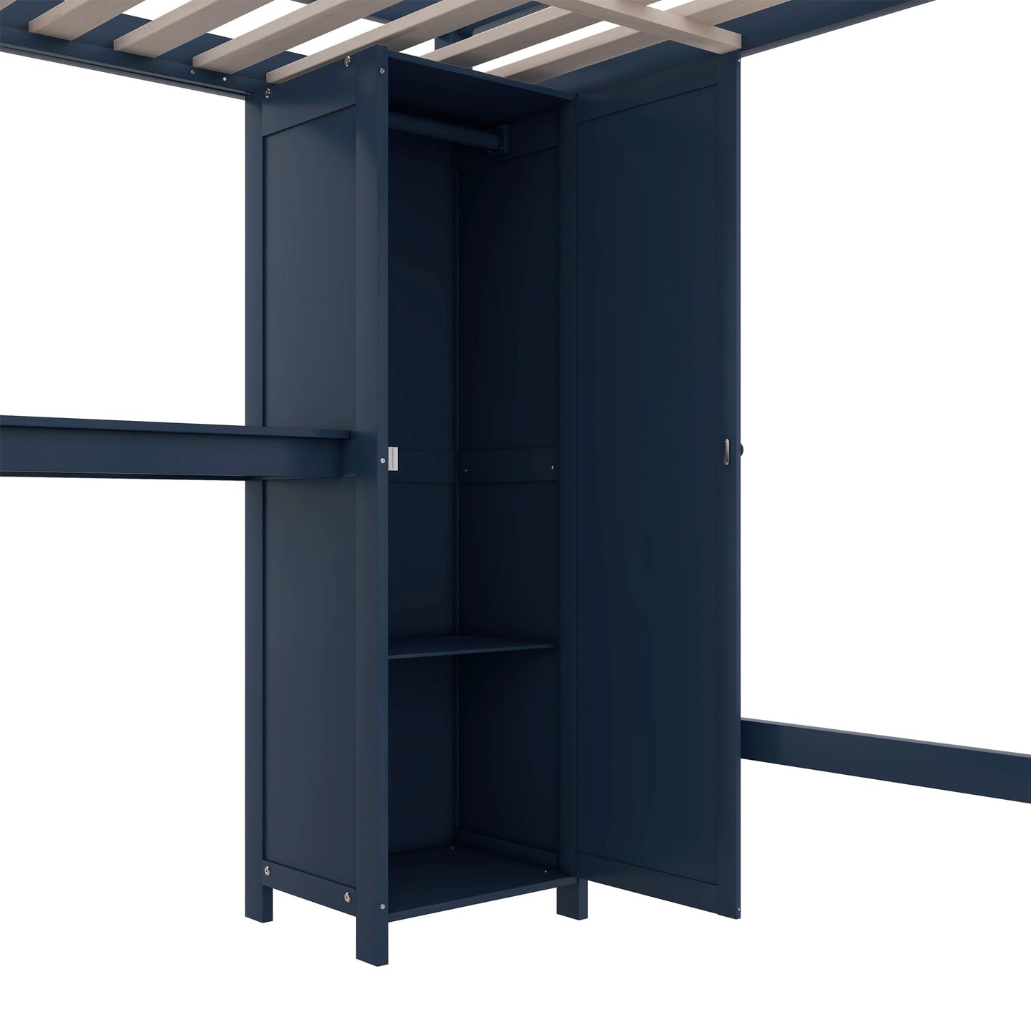 SOFTSEA Full Size Loft Bed with L Shaped Desk, Wood Loft Bed with Wardrobe, Storage Cabinet and Shelves, High Loft Bed Frame with Storage Headboard for Kids Teens Adults, Dark Blue