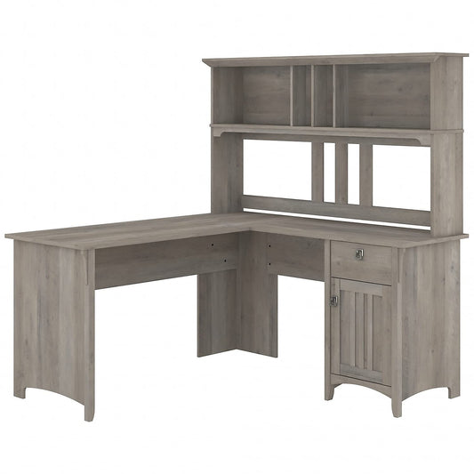 Bush Furniture Salinas L Shaped Desk with Hutch in Driftwood Gray | Corner Table with Drawers and Storage for Home Office - WoodArtSupply