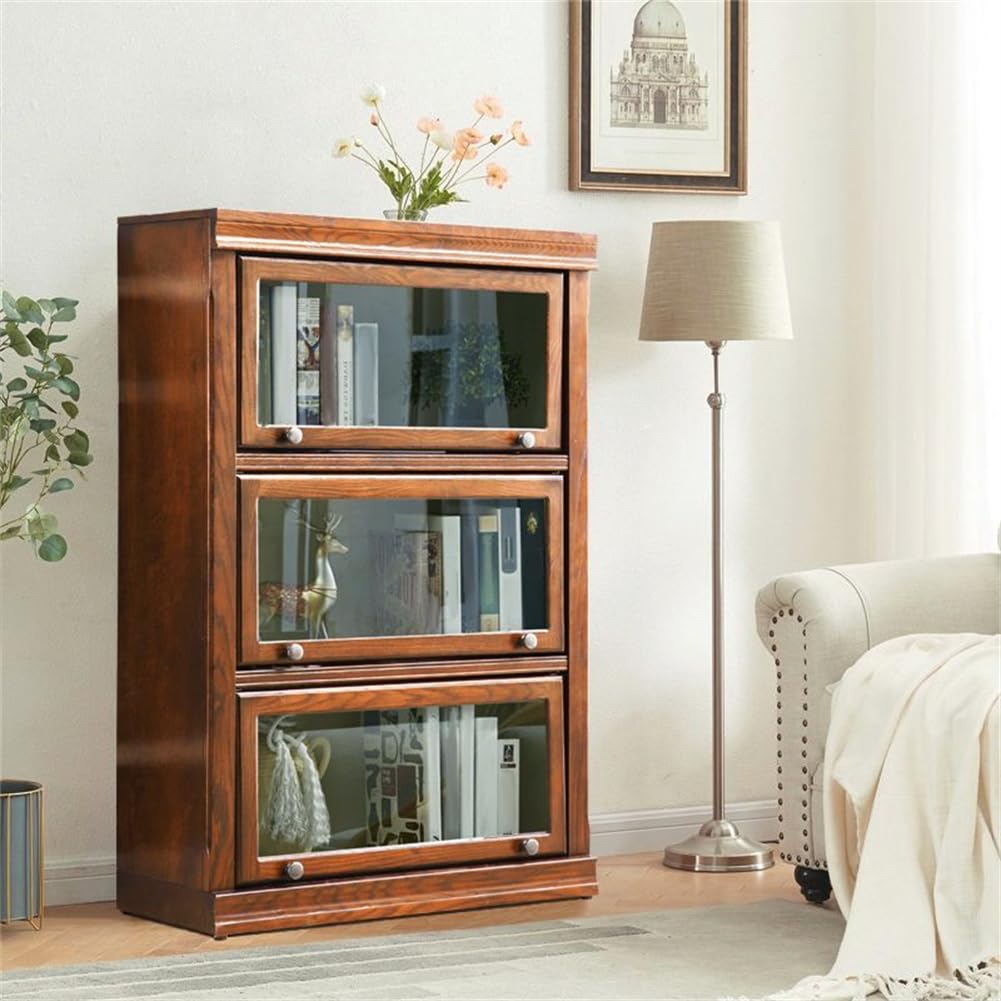 KWOKING Wooden Barrister Bookcase Contemporary Closed Back Glass Doors Office Storage Cabinet Floor-to-Ceiling Low Cabinet Bookcase Against Wall