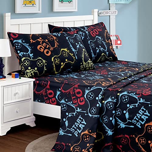 Chezmoi Collection 4-Piece Kids/Teens Gamer Sheet Set - Soft Microfiber Multi-Color Video Games Gamepad Whimsical Fun Kids Sheets, Full Size Chezmoi Collection