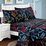 Chezmoi Collection 4-Piece Kids/Teens Gamer Sheet Set - Soft Microfiber Multi-Color Video Games Gamepad Whimsical Fun Kids Sheets, Full Size Chezmoi Collection