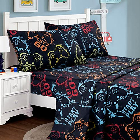 Chezmoi Collection 4-Piece Kids/Teens Gamer Sheet Set - Soft Microfiber Multi-Color Video Games Gamepad Whimsical Fun Kids Sheets, Full Size Chezmoi Collection