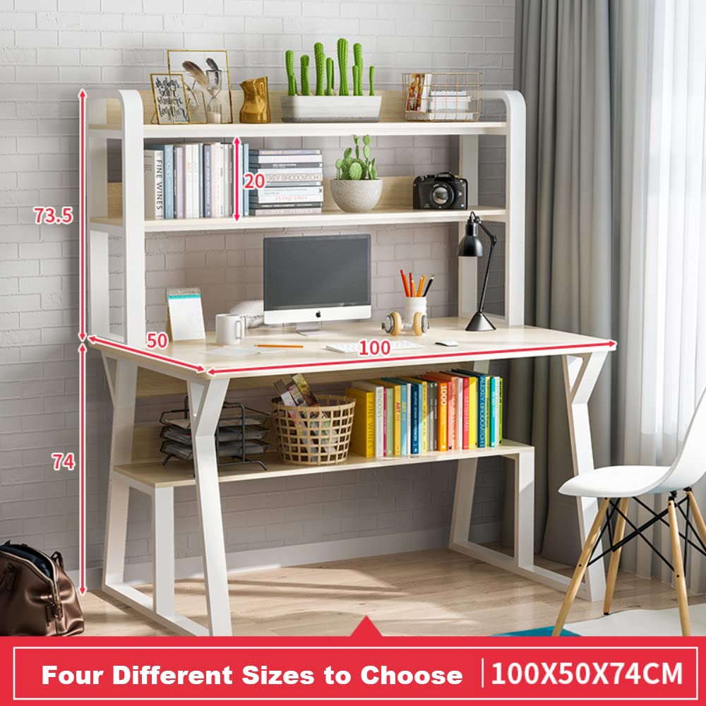 NP Home Office Desk with Shelves Hutch, 2022 Upgraded Computer Desk Spacious Desktop Upper Shelves, Metal Structure White Stylish Desk Study Work Writing (100 * 50CM(39.4 * 19.7 Inches)) N\P