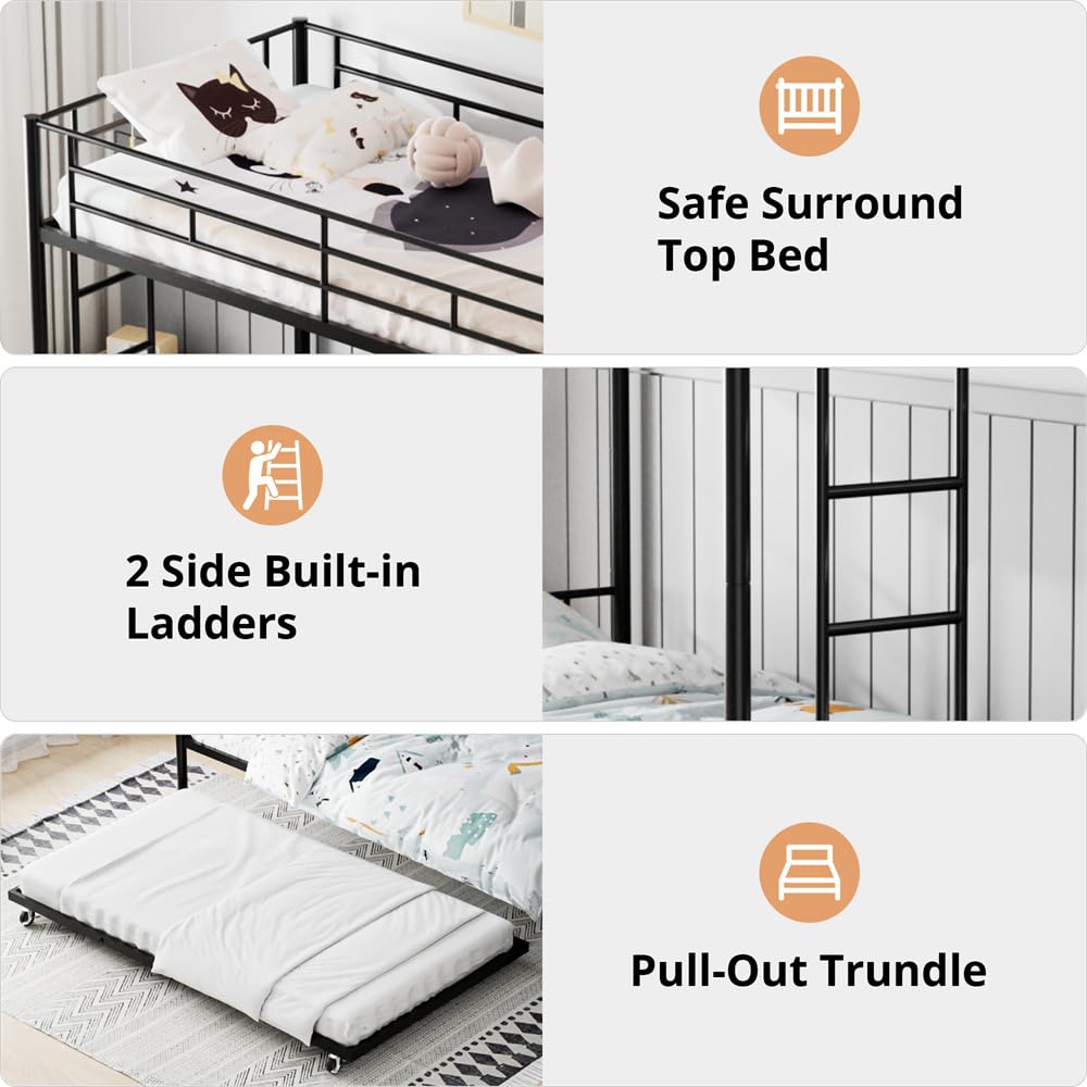 TURRIDU Bunk Bed Twin Over Twin with Trundle, Metal Triple Bunk Beds with 2 Side Ladders, Heavy Duty Bed Frame for Girls Boys Teens Adults, Can be Divided Into 3 Beds, No Box Spring Needed, Black TURRIDU