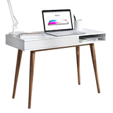 Arts wish White Writing Desk with Drawers Mid Century Modern Desk, Wood Office Desk Computer Desk Vanity Desk for Small Space, White Desk with Walnut Legs Arts wish