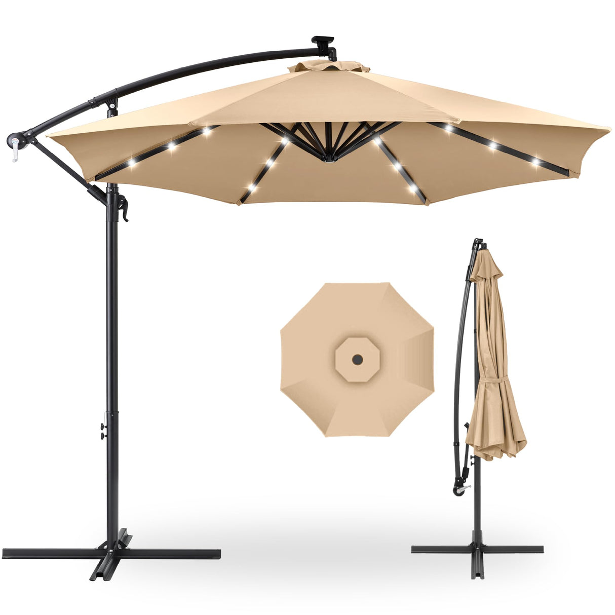 Best Choice Products 10ft Solar LED Offset Hanging Market Patio Umbrella for Backyard, Poolside, Lawn and Garden w/Easy Tilt Adjustment, Polyester Shade, 8 Ribs - Sand Best Choice Products