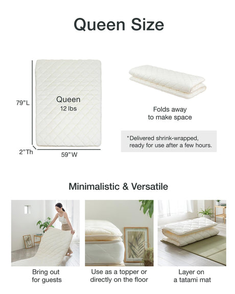 FULI Japanese Futon Mattress, Foldable & Portable Floor Lounger Bed, Roll Up Sleeping Pad, Shikibuton, Made in Japan (White, Queen) FULI