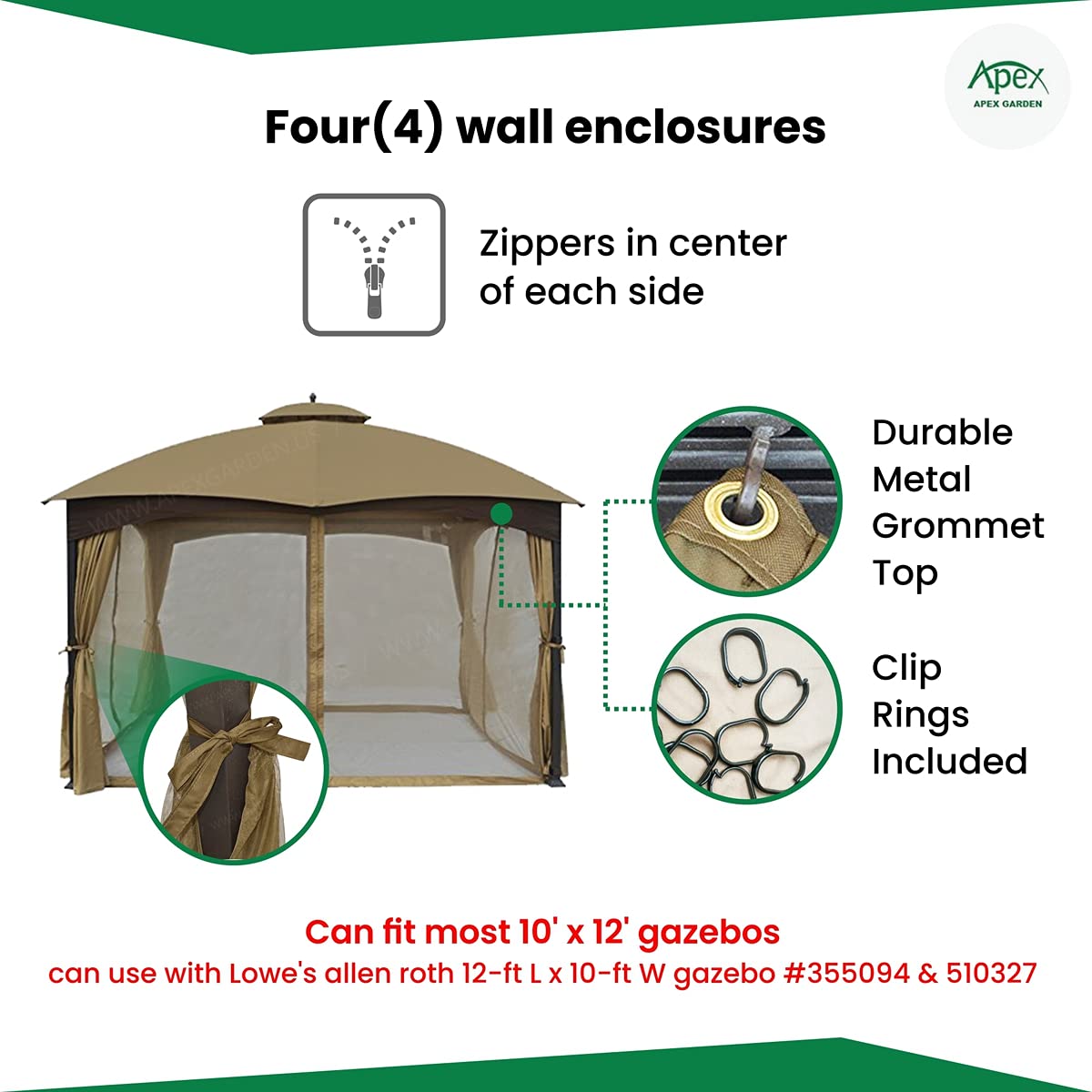 APEX GARDEN 10 Ft. x 12 Ft. Gazebo Replacement Mosquito Netting (Mosquito Net Only) APEX GARDEN