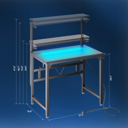 TREETALK Gaming Desk with Power Outlets & LED Strip Lights,80CM Industrial Writing Desk with Adjustable Monitor Stand, Cupholder and Headphone Hook for Home Office Black - WoodArtSupply