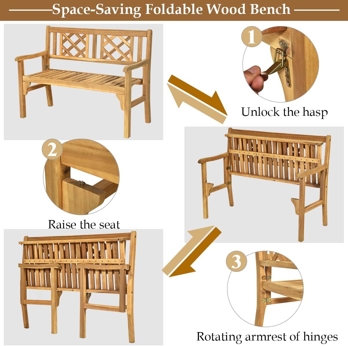 SPORFIT Rustic Garden Bench, Foldable Outdoor Bench with High Back & Armrest, 4 FT Acacia Wood Bench, 2-Person Loveseat Chair for Front Porch, Patio, Backyard & Park, Light Teak Finish SPORFIT