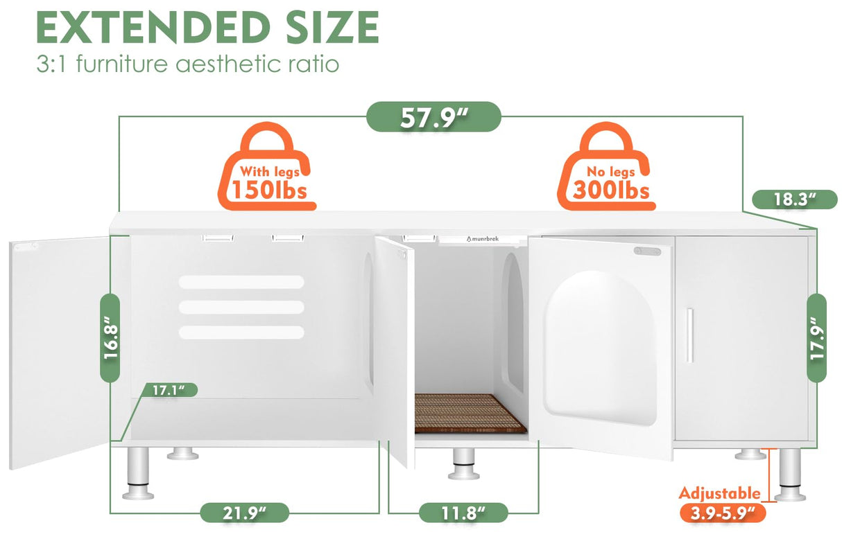 Amunrbrek Double Litter Box Enclosure, Litter Box Enclosure for 2 Litter Boxes, Modern Litter Box Furniture for 2 Cats, with Cat Door & Motion Light (White) amunrbrek