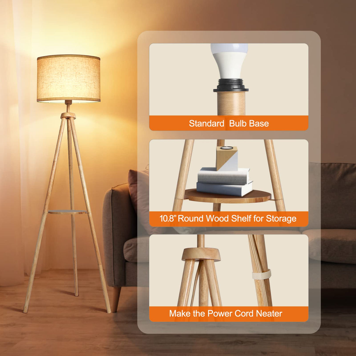 OUTON Wood Tripod Floor Lamp with Shelves, Mid Century Floor Lamp with Remote Control,4 Color Temperature, LED Modern Dimmable Standing Lamp with Beige Linen Shade for Living Room, Bedroom, Office OUTON