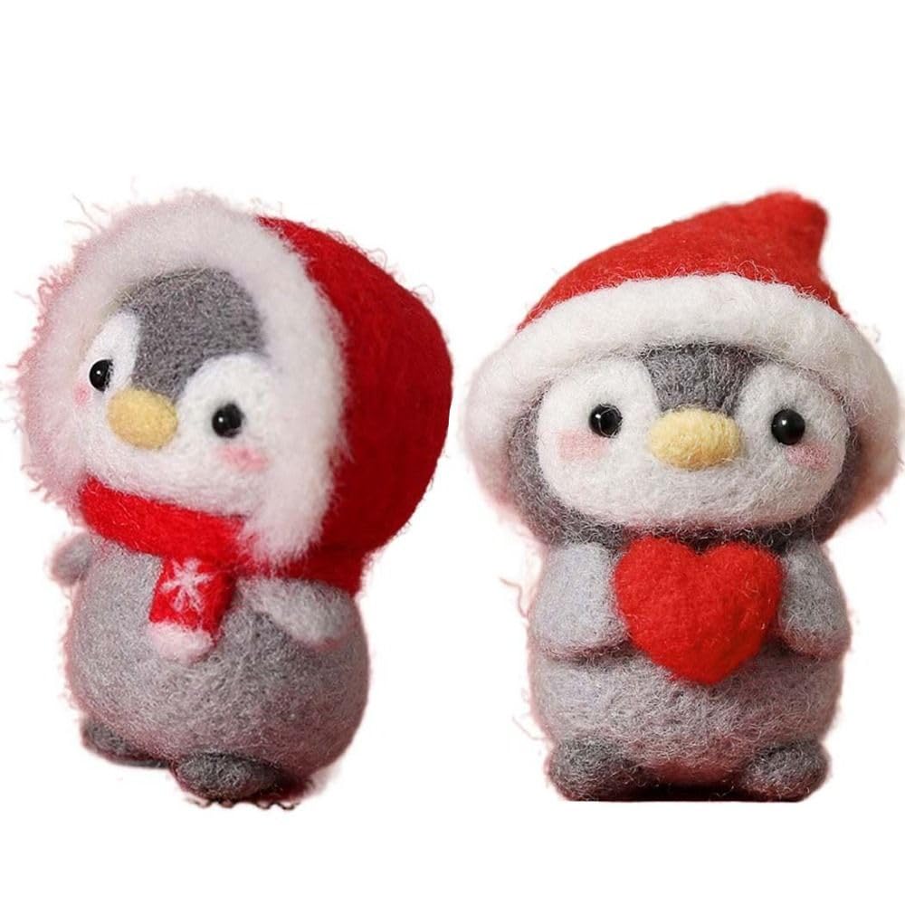 Funny Festive Christmas New Year Wool Needle Felting Starter Kit, Animal Needle Felting Kit, Non-Finished Felt Penguin Craft Kit, Lovely Penguin Needle Felting Kit for Beginners, 2 Set Kopida