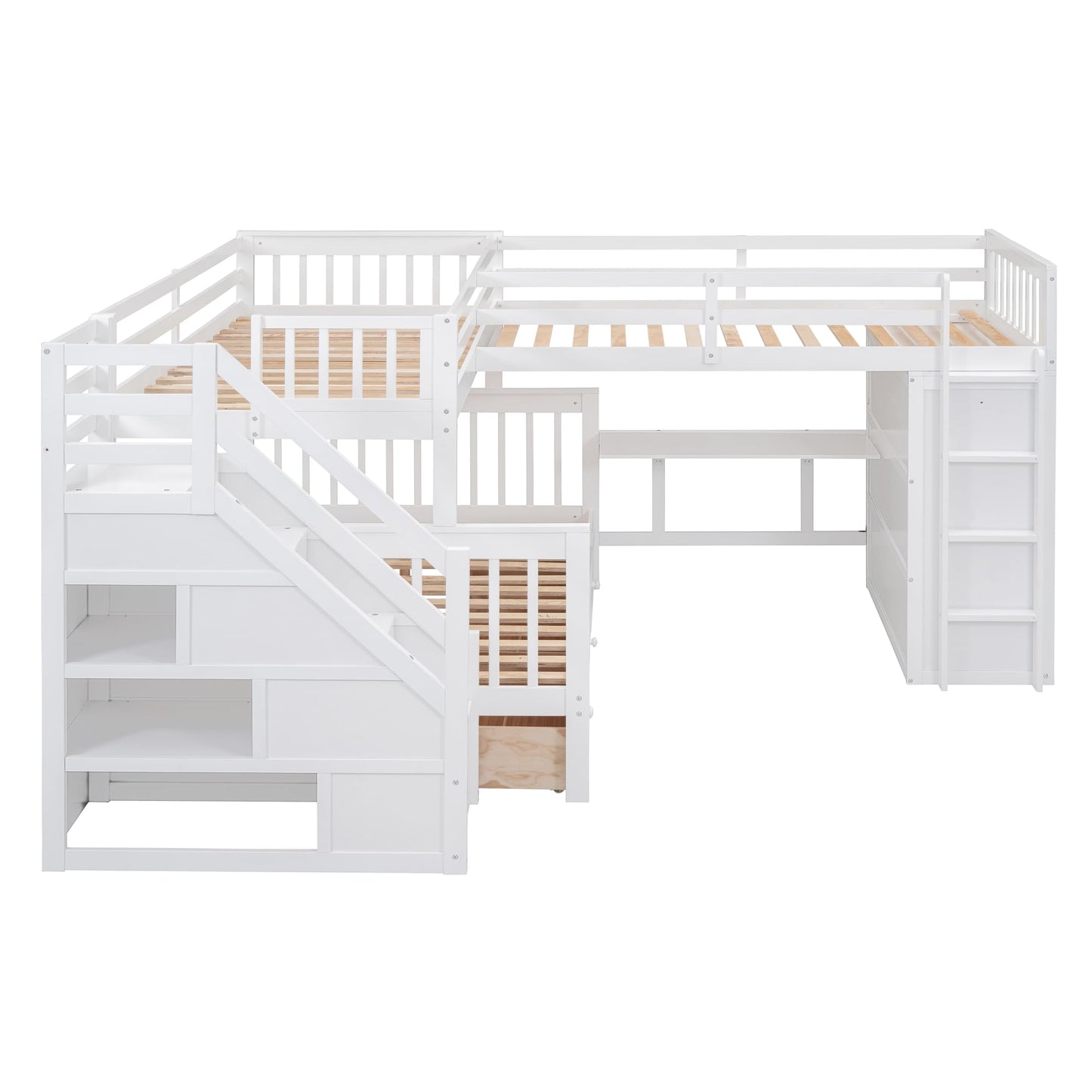 VilroCaz Modern L-Shaped Twin-Twin Over Full Bunk Bed with Staircase and 3 Storage Drawers, Solid Wood Triple Bed with Portable Desk and Wardrobe for Adults Teens Kids, Maximized Space (White-3t)