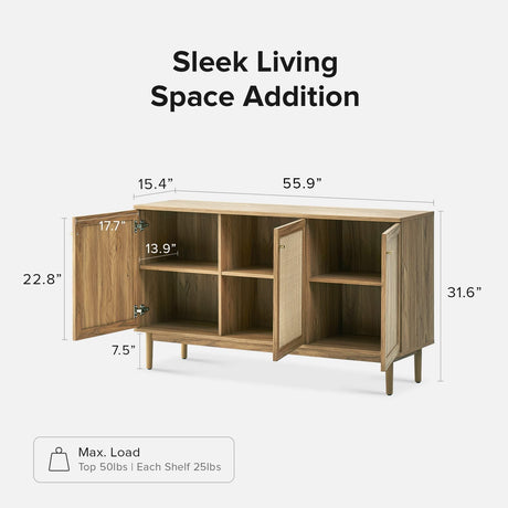 mopio Haylee Sideboard, Modern Farmhouse Boho Accent Buffet Storage Cabinet, Natural Rattan Doors, Console Table, Credenza, Media Cabinet, Adjustable Shelves for Kitchen, Coffee Bar, Living Room, Oak mopio
