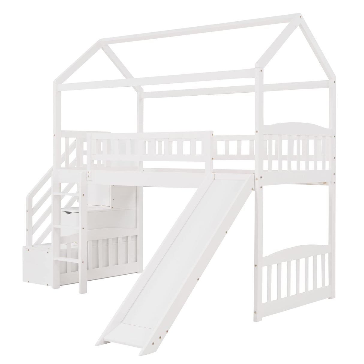 House Bed Loft with Slide and Storage Stairs by Harper & Bright Designs - Twin Frame in White for Kids Harper & Bright Designs