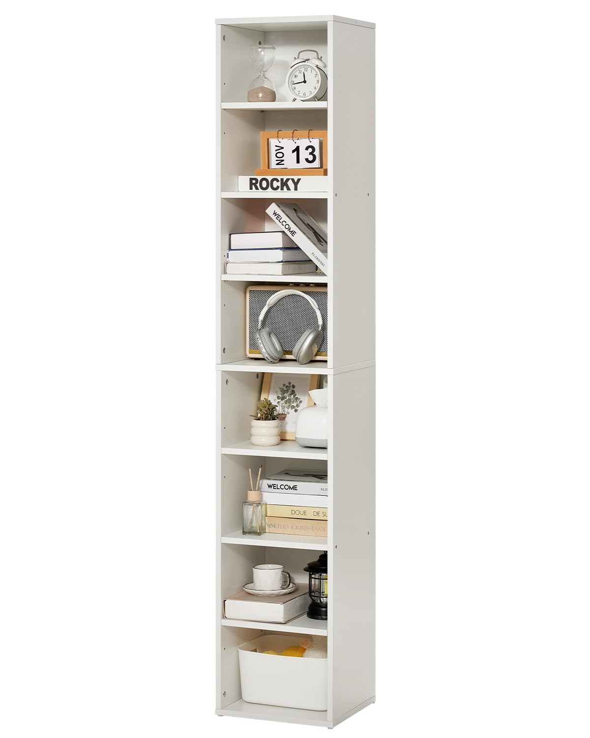 VEVOR 8 Tiers Narrow Bookshelf, 71 in Wooden Tall Open Bookcase with Height-Adjustable Shelf, Freestanding Display Storage Floor Bookcase Bookshelf for Library, Bedroom, Living Room, Office, White VEVOR