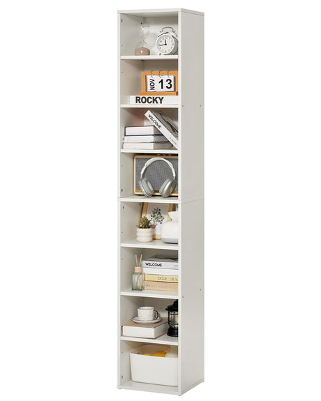VEVOR 8 Tiers Narrow Bookshelf, 71 in Wooden Tall Open Bookcase with Height-Adjustable Shelf, Freestanding Display Storage Floor Bookcase Bookshelf for Library, Bedroom, Living Room, Office, White VEVOR
