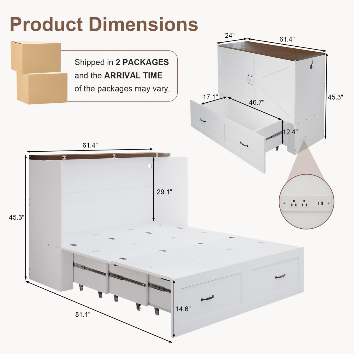 KCGKCG Murphy Bed with Storage & Charging Station, Queen Murphy Cabinet Bed with Large Storage Drawer for Guest Bedroom, Living Room, Office or Small Room, Full Foldable Platform Bed (White, Queen) KCGKCG