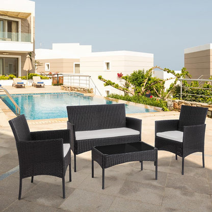 Shintenchi 4 Piece Outdoor Patio Furniture Sets, Small Wicker Patio Conversation Furniture Rattan Chair Set with Tempered Glass Coffee Table for Backyard Porch Garden Poolside Balcony, Black