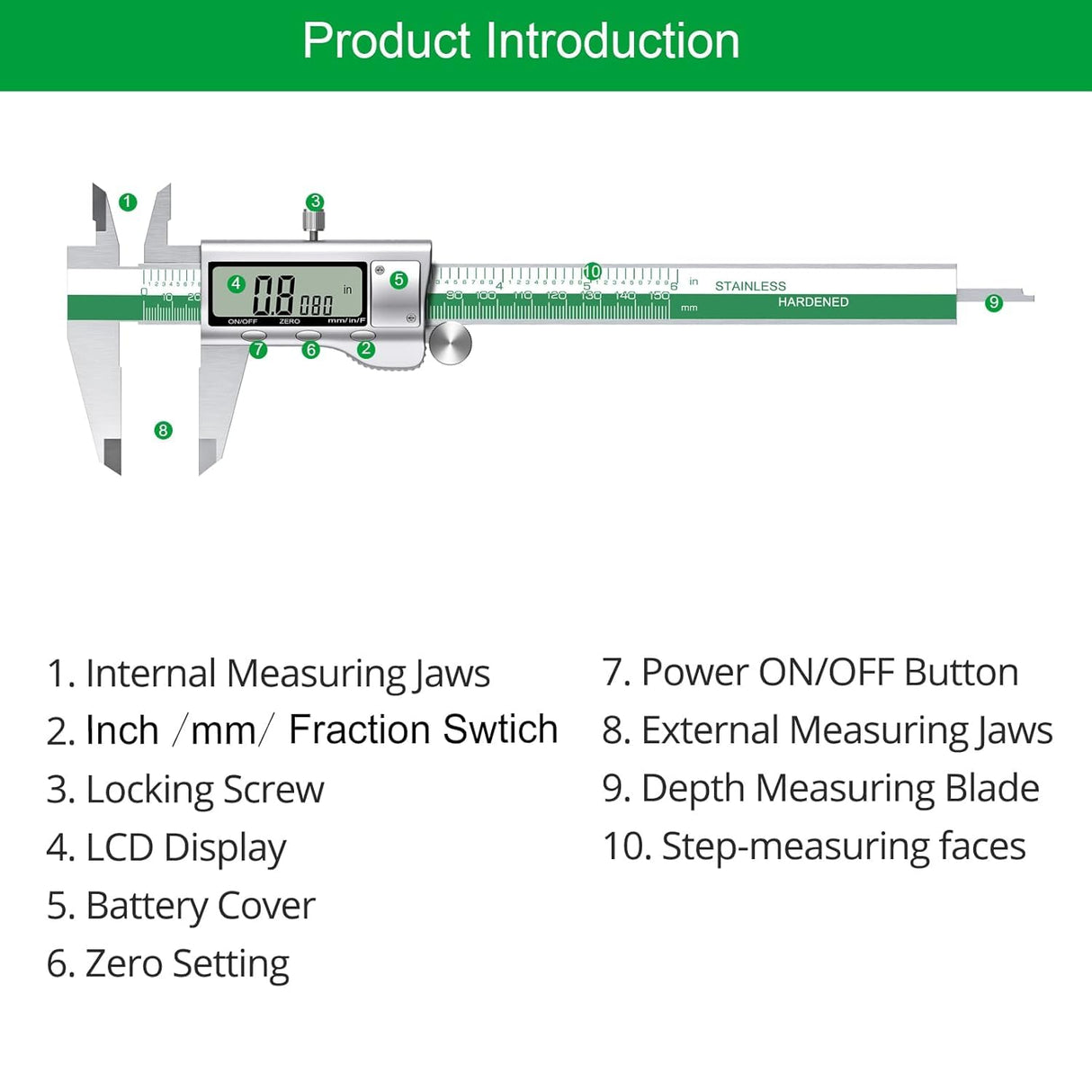 HDLNAK Digital Vernier Caliper Measuring Tool with Large LCD Screen, Stainless Steel Vernier Caliper Digital Micrometer, Easy Switch from Inch Metric Fraction, 6 Inch Caliper Tool for Household/DIY HDLNKAK