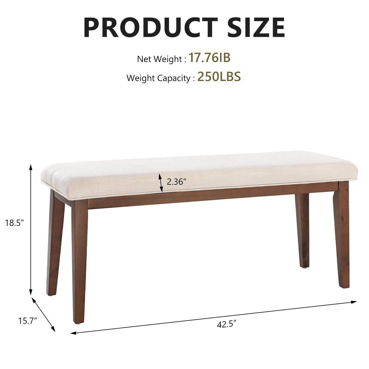 kinmars Upholstered Bench for Bedroom End of Bed,42.5-inch Entryway Bench for Living Room,Dining Bench with Padded Seat and Solid Wood Leg for Kitchen Bedroom,Indoor and Hallway (Bench, Beige) kinmars