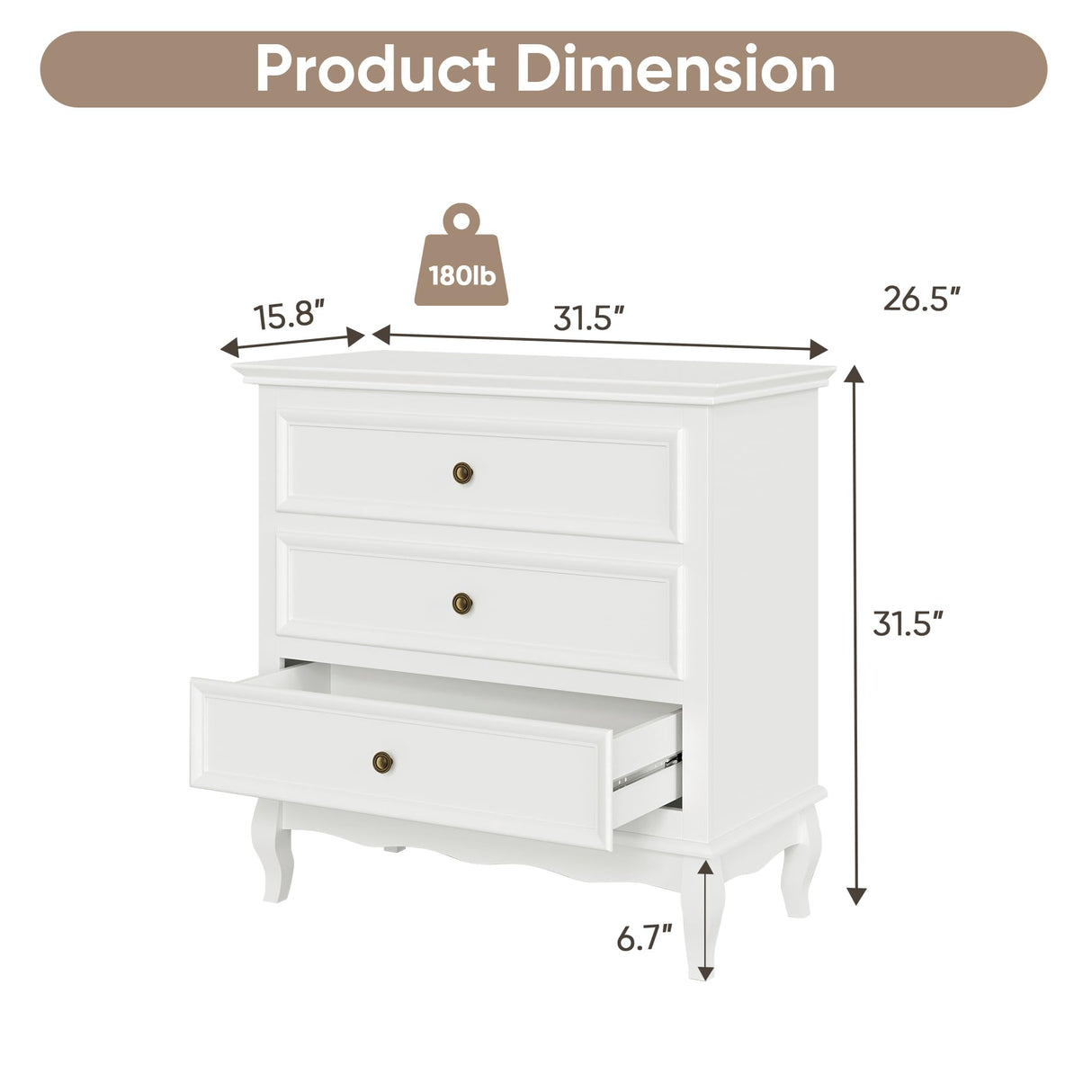 RoyalCraft White 3 Drawer Dresser for Bedroom, Wide Chest of Drawers with Ball Bearing Slide, Modern Wood Dresser Wide Nightstand Cabinet for Living Room RoyalCraft