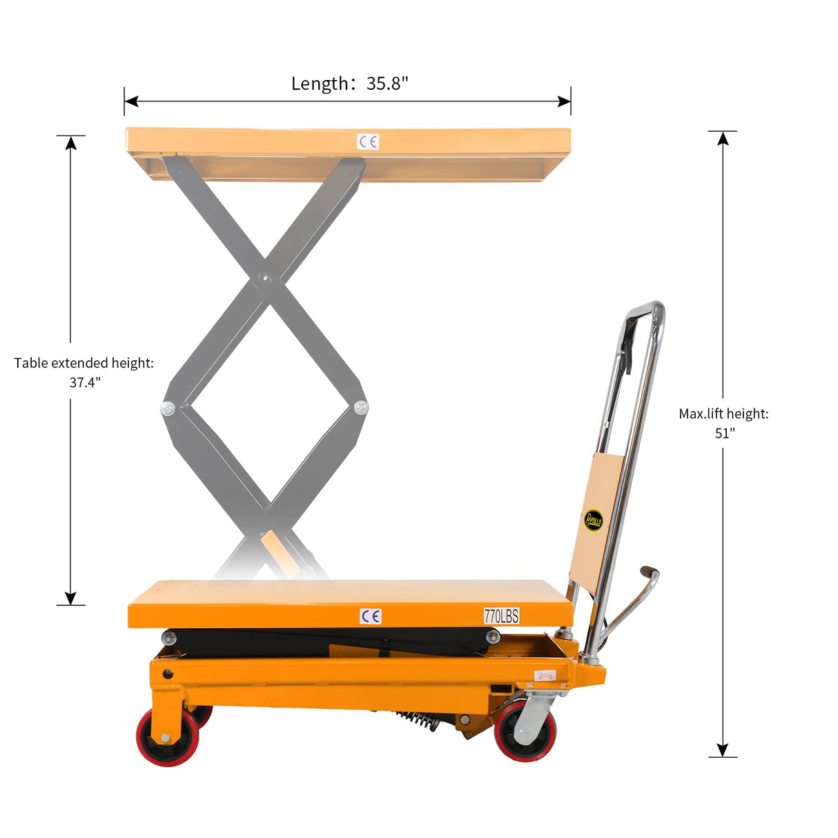 APOLLOLIFT Hydraulic Lift Table Cart, 770lbs Capacity 51" Lifting Height, Double Scissor Lift Table with 4 Wheels and Safety Back Guard for Material Handling and Transportation APOLLOLIFT
