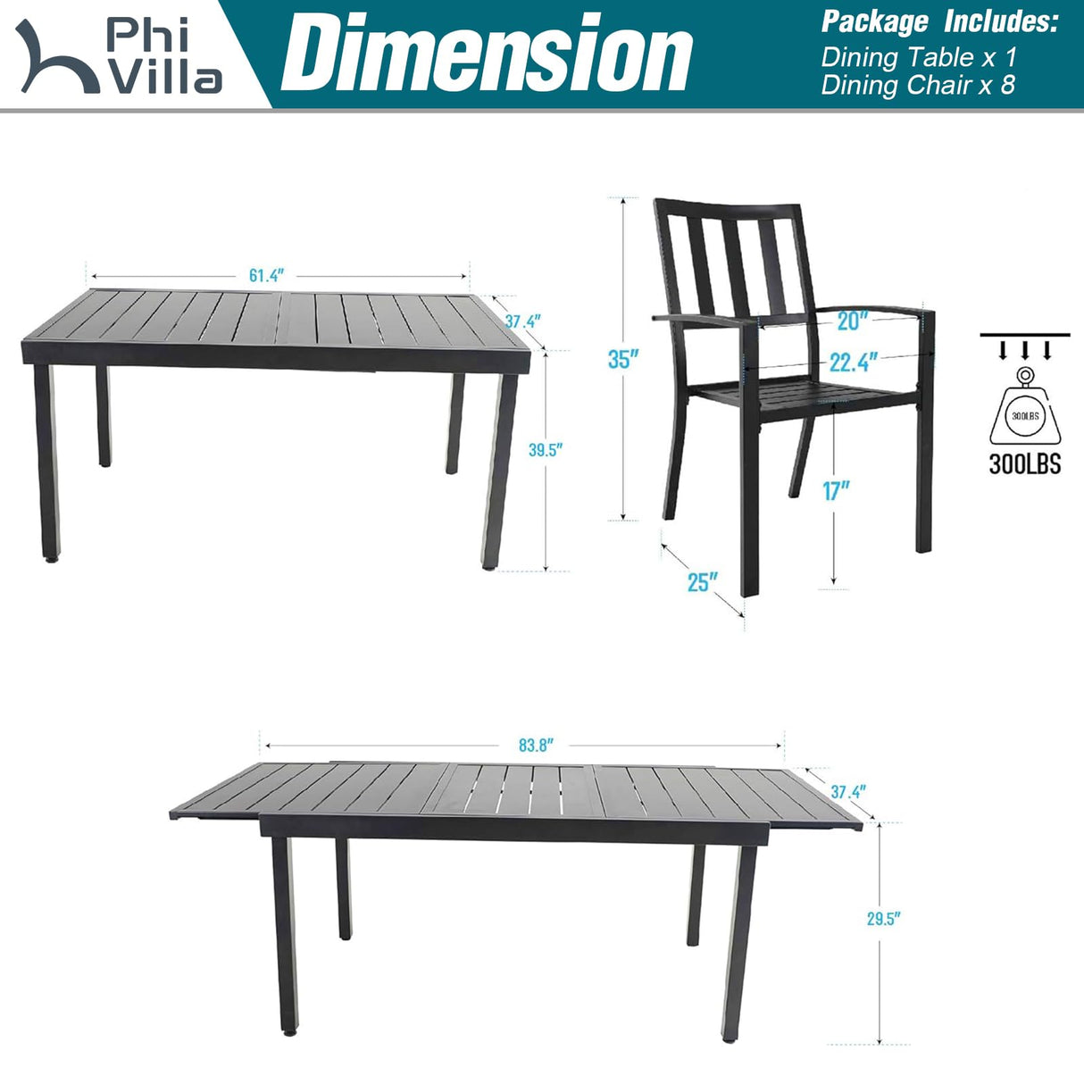 PHI VILLA 9 Piece Patio Dining Table Set, Expandable Rectangular Metal Dining Table & 8 Steel Chairs for Outdoor, Deck, Yard PHI VILLA
