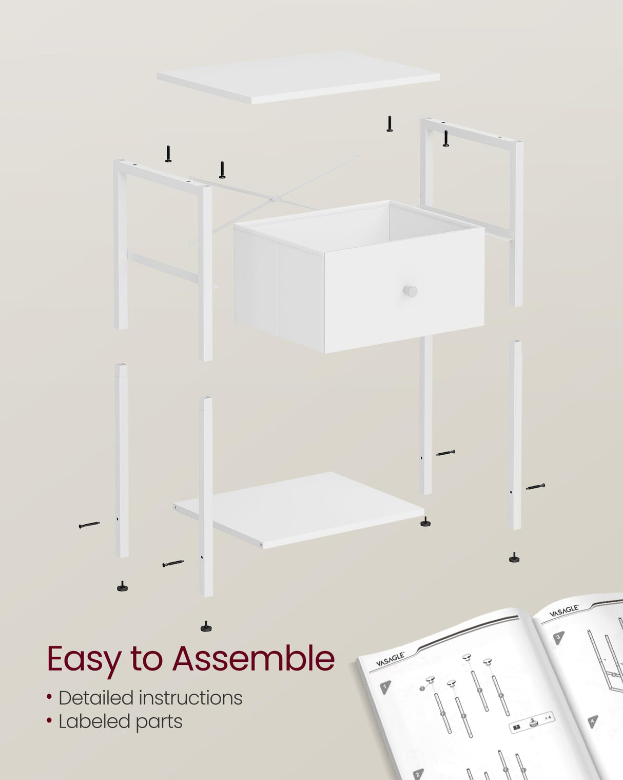 VASAGLE Nightstand, Side Table with Fabric Drawer, 24-Inch Tall End Table with Storage Shelf, Bedroom, White ULGS021W14 VASAGLE