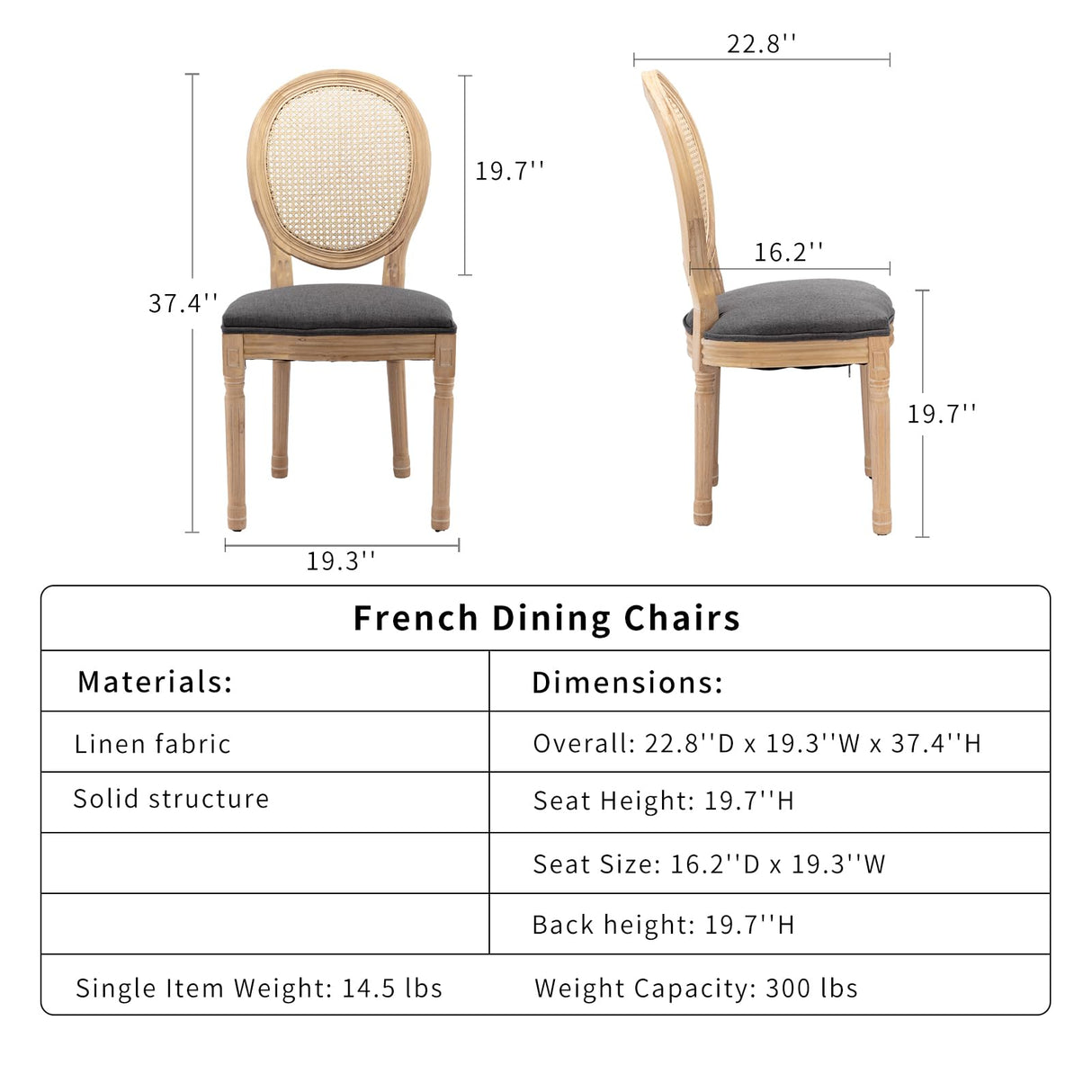 ODUSE-DAILY French Country Dining Chairs Set of 4, Dark Gray Kitchen & Dining Room Chairs Set of 4, Rattan Dining Chairs, Cane Back, Wood Legs, Sillas De Comedor (Rattan,Dark Grey, 4Pcs) ODUSE-DAILY
