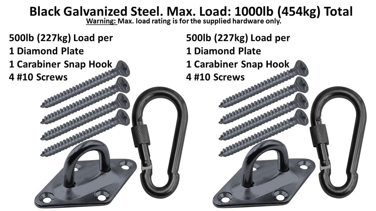 Branded Boards Heavy Duty Black or Silver 1000lb Load Hammock Hanging Kits with Locking Carabiner Snap Hooks, for Trees, Ceilings, Walls, Porches, Posts (Diamond-Plate-Hammock-Kit-Black) Branded Boards