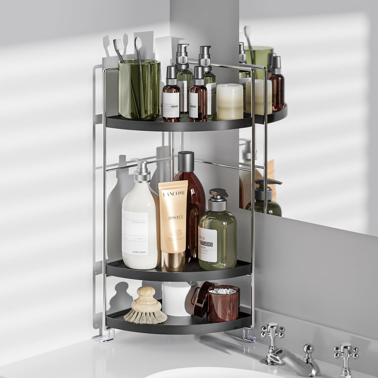 KINGBERWI 3 Tier Bathroom Corner Organizer Countertop, Vanity Counter Skincare Makeup Storage Shelf, Bathroom Sink Countertop Organizer, Black KINGBERWI
