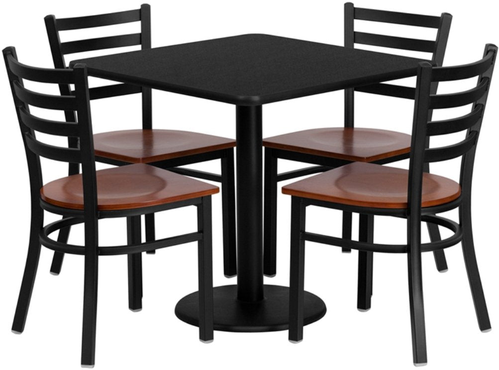 Flash Furniture Clark 30'' Square Black Laminate Table Set with 4 Ladder Back Metal Chairs - Cherry Wood Seat - WoodArtSupply