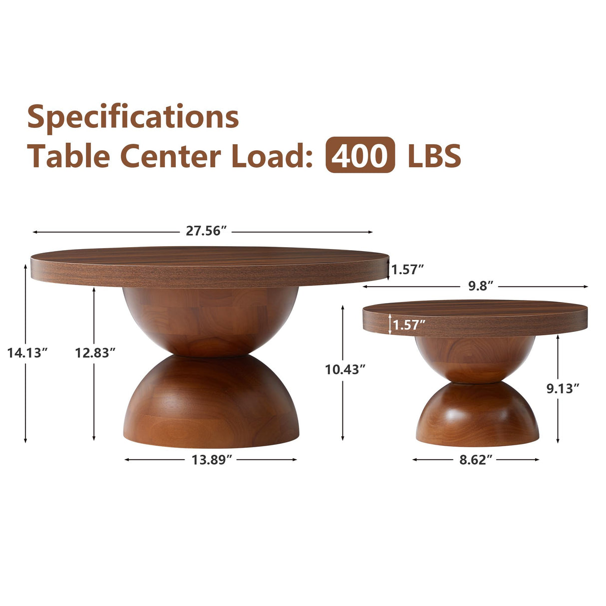 Solid Wood Round Nesting Coffee Table Set of 2, Circle Accent Tables with Unique Semi-Circular Legs, Modern Farmhouse Side End Table Set for Small Space Living Room Office (Walnut) LEVNARY