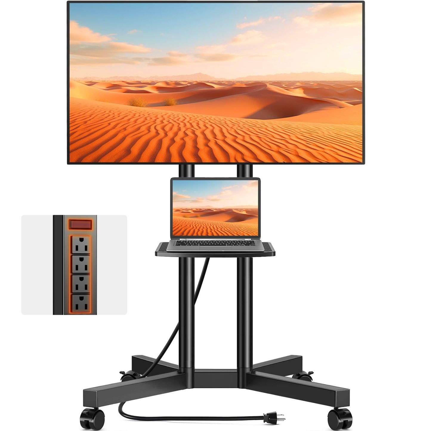 TVON Rolling TV Stand with Power Outlet for 32-70 Inch LCD LED OLED Flat Curved Screen TVs up to 88 lbs, Portable TV Stand on Wheels and Height Adjustment Max VESA 400x400mm