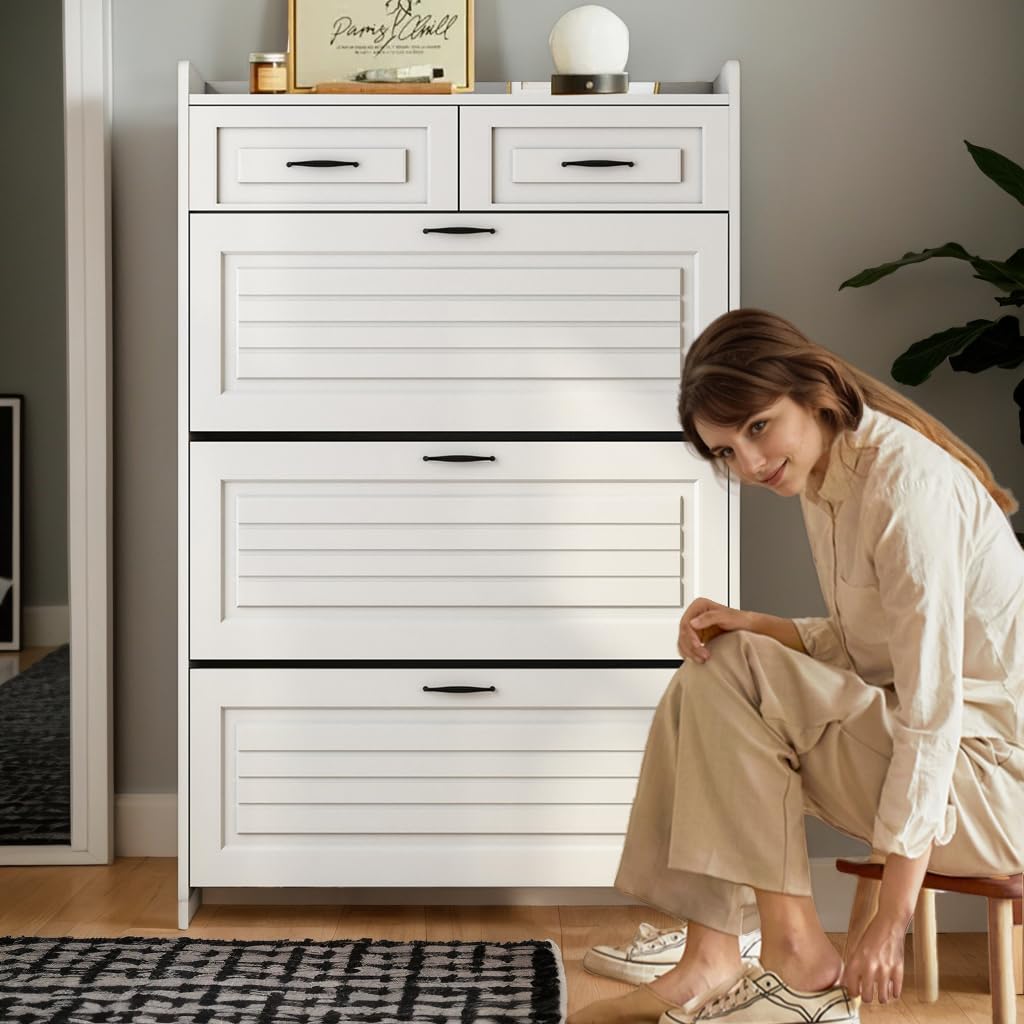 MOOLSUN Multi Functional Narrow flip Shoe Cabinet with 3 Doors 2 Drawers, Save Space, Suitable for Entryway and corridors (A - White) MOOLSUN