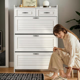 MOOLSUN Multi Functional Narrow flip Shoe Cabinet with 3 Doors 2 Drawers, Save Space, Suitable for Entryway and corridors (A - White) MOOLSUN