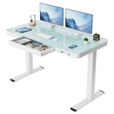 Furmax Glass Standing Desk with Drawer 48 x 24 Inch Adjustable Height Stand up Desk One-Piece Board Pre-Assembled Home Office Computer Desk with USB Ports, Glass Top Furmax