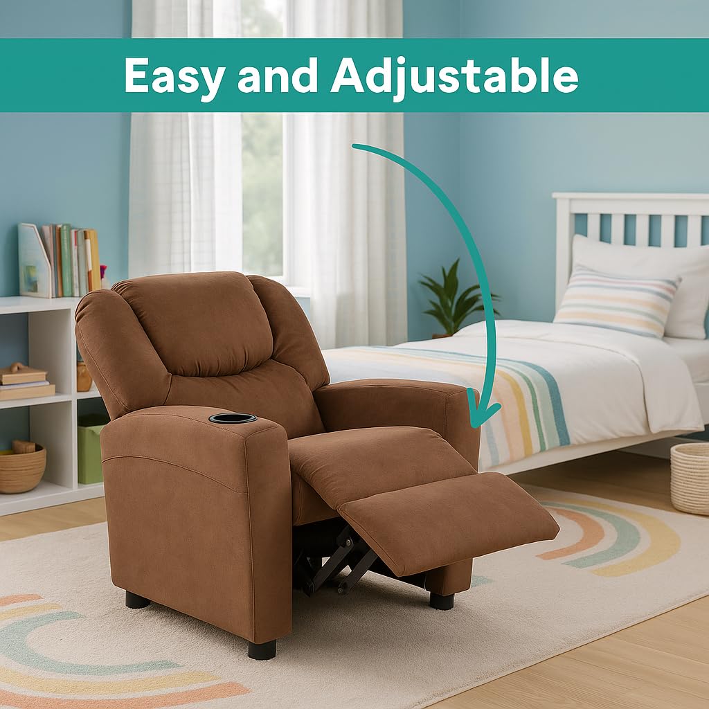 Naomi Home Suri Kids Recliner Chair with Cup Holder & Footrest, Brown Microfiber - Cozy Lounge for Toddlers & Children Naomi Home
