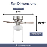 Prominence Home Hero, 28 Inch Traditional Flush Mount Indoor LED Ceiling Fan with Light, Pull Chain, Dual Finish Blades, Reversible Motor - 51656-01 (Brushed Nickel) Prominence Home