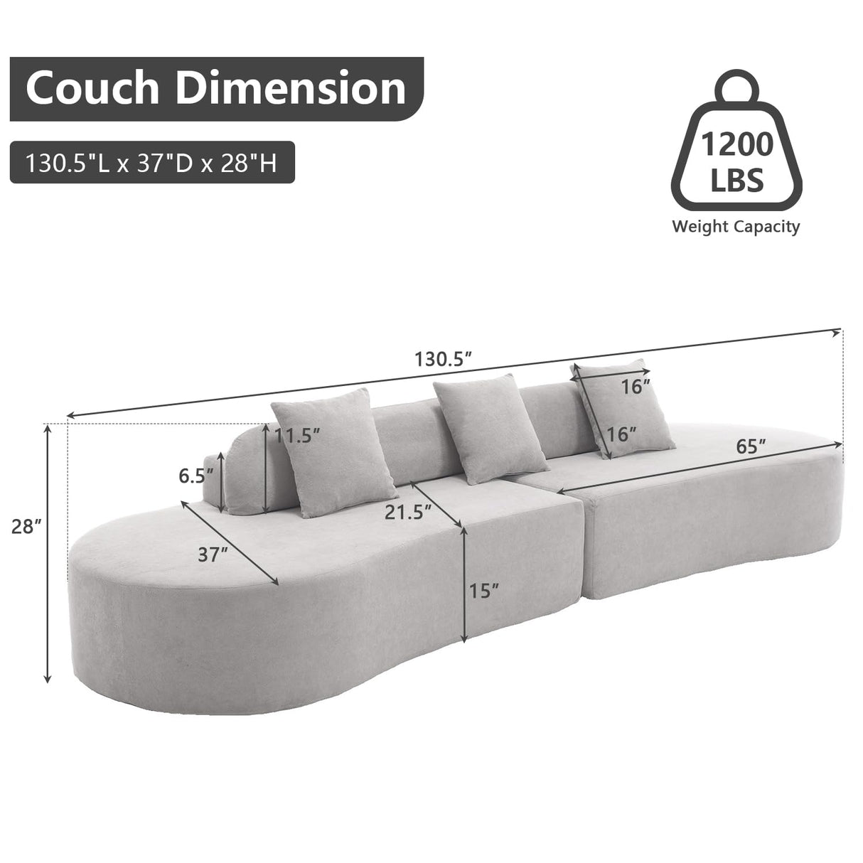 Suheww 130.5” Modern Curved Sofa, Sectional Curved Sofa Modern Sectional Curved Sofa, 4-Seater Oversized Terrycloth Fabric Sofa with 3 Pillows for Living Room Apartment(Gray) Suheww