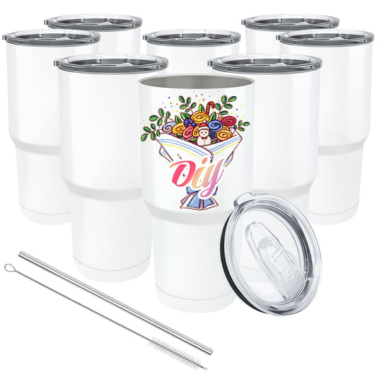 YOUKE OLA 8 Pack Sublimation Tumbler Blank White Bulk Stainless Steel Double Wall Vacuum Insulated Coffee Travel Tumbler Car Cups with Straws, 30oz