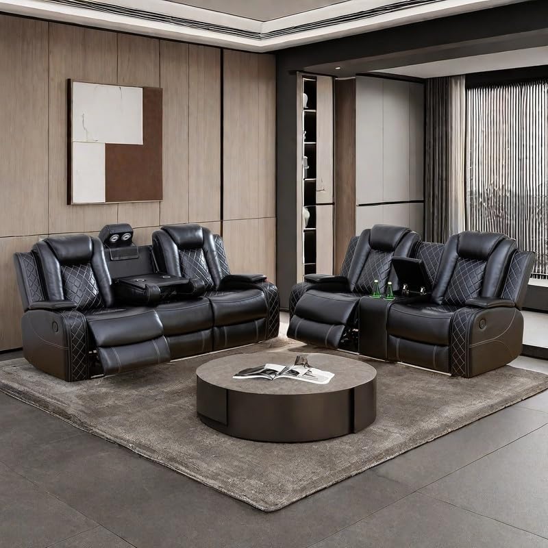 AYCP Furniture Power Recliner Set with LED Lights, Air Leather Reclining Set with USB Port/Wireless Charger/Storage Console/Cup Holder for House/HomeTheater/Apt (Black, Sofa Loveseat) AYCP Furniture