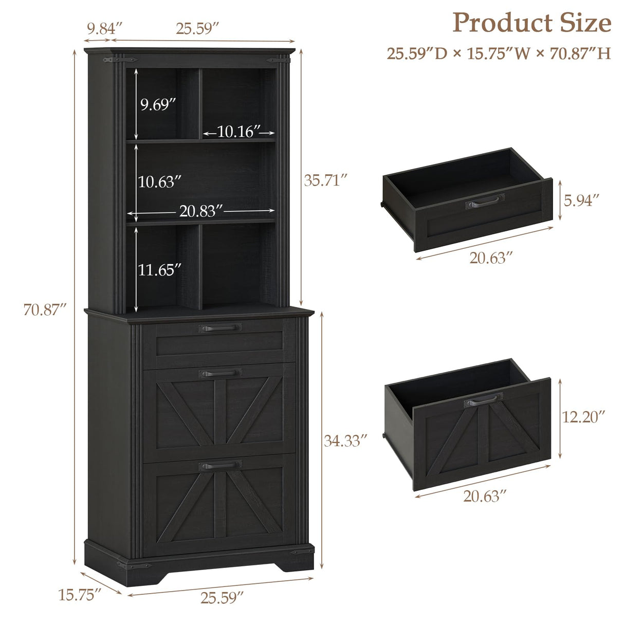 Vabches Farmhouse Bookshelf with 3 Large Drawers, 70" Tall Bookcase with 5-Cube Storage Organizer, 3 Tier Wood Display Storage Cabinet for Home Office, Living Room, Rustic Black Vabches