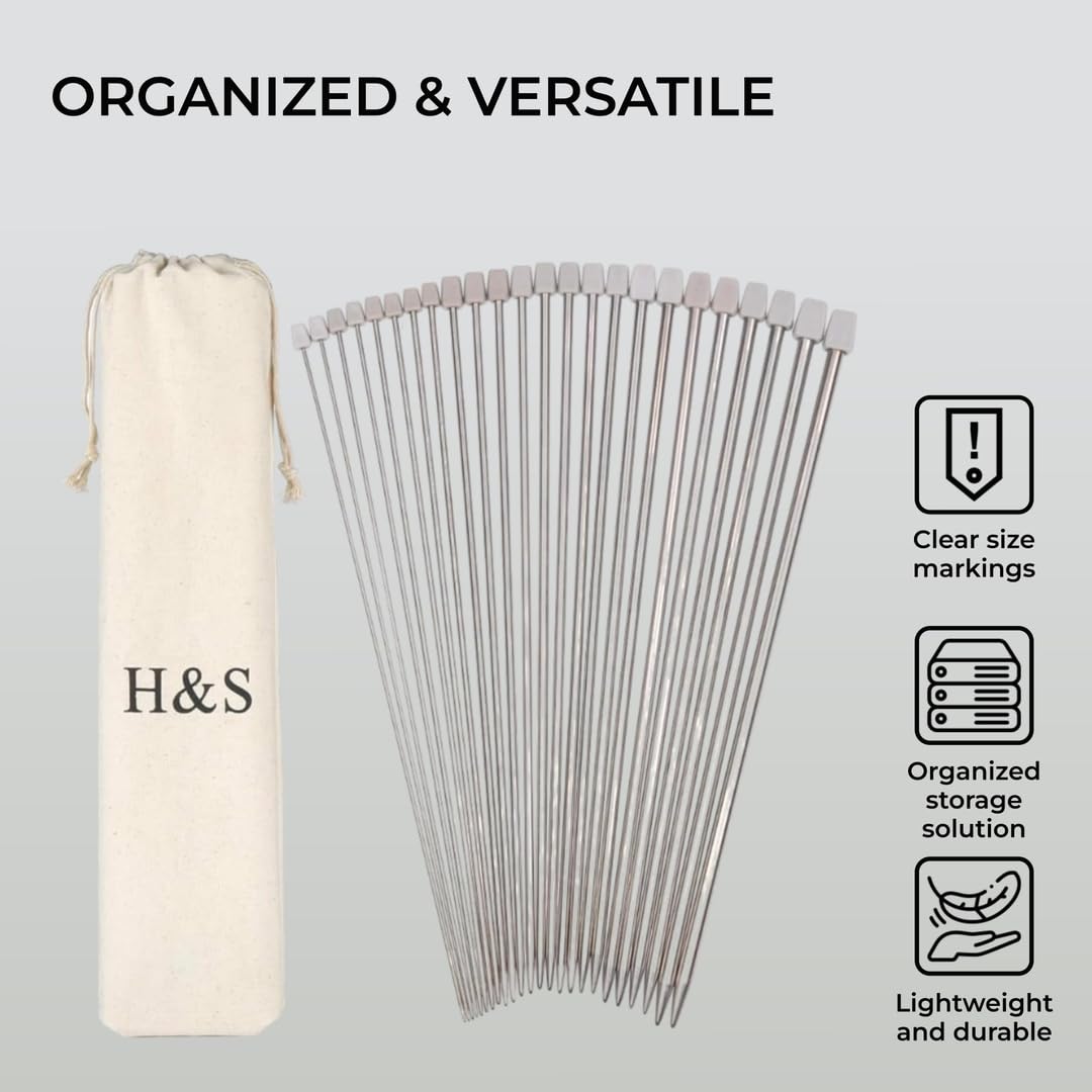 H&S Knitting Needles Set for Beginners Knitting Accessories - 11 Pairs of Stainless Steel Knitting Needles with Firm Grip Handle - Single Pointed Needle Set with Pouch for Easy Storage H&S