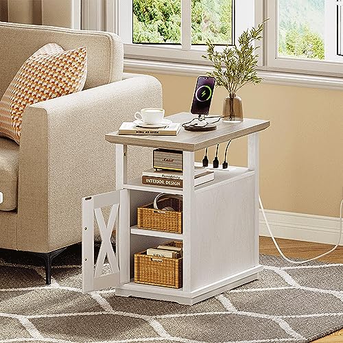 YITAHOME End Table with Charging Station, Narrow Side Table with Storage Adjustable Shelf, Farmhouse Nightstand with Door for Living Room, Bedroom, Grey Wash