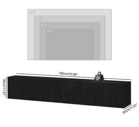 ZYBT Floating TV Stand, Modern Wall Mount Entertainment Center TV Shelf, 70.7" Media Console Under TV Storage Cabinet with Fluted Doors, TV Consoles for Living Room, Floating Cabinet for Wall (Black) ZYBT